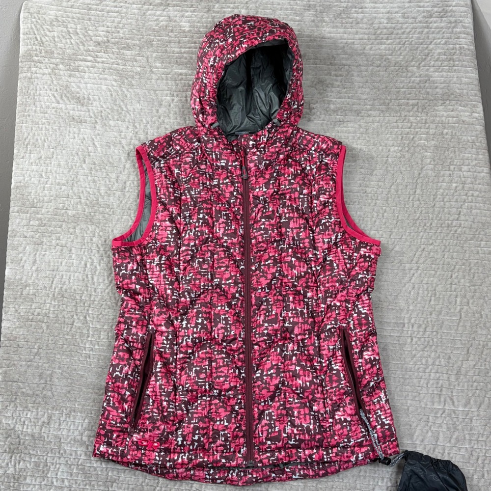 Outdoor Research Aria Pink Digital‎ Camo Hooded Down Puffer Vest Large Packable